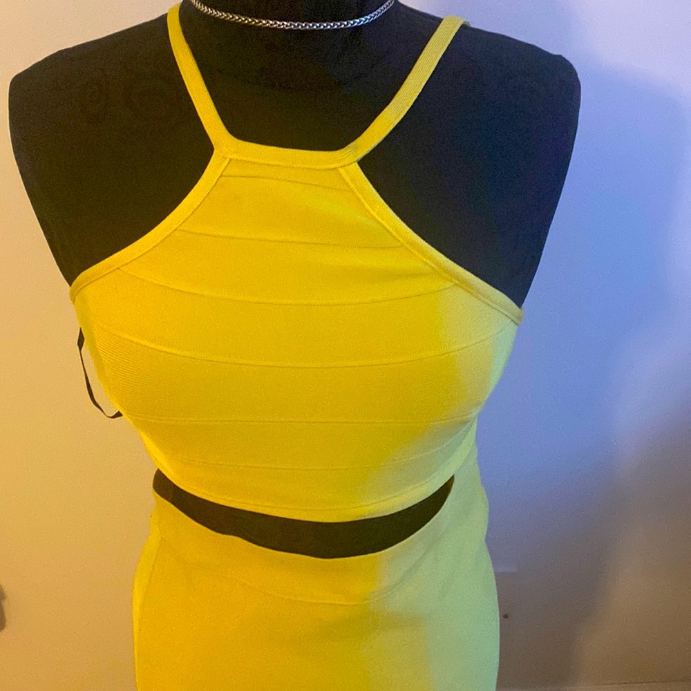 Herve Leger X Forever 21 yellow Bandage Midi skirt and Crop top set